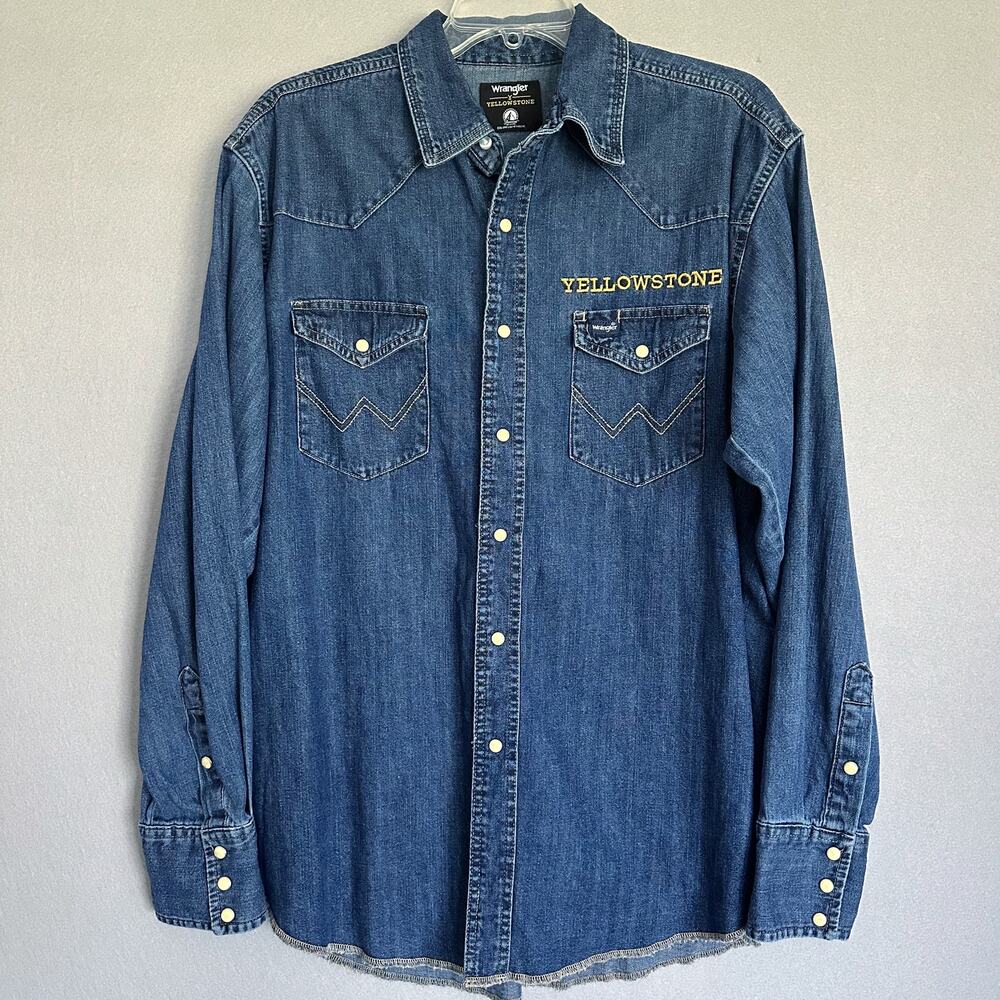 Mens Wrangler Yellowstone Denim Pearl Snap Long Sleeve Shirt Sz Large